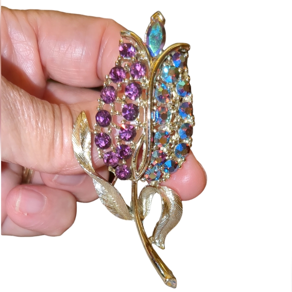 Vintage Signed LISNER Tulip amethyst & aurora crystals Flower brushed gold Rare